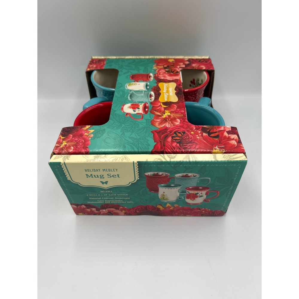 The Pioneer Woman Holiday Medley 4 Piece Mug Set 14oz Stoneware Christmas Floral - Picture 5 of 8